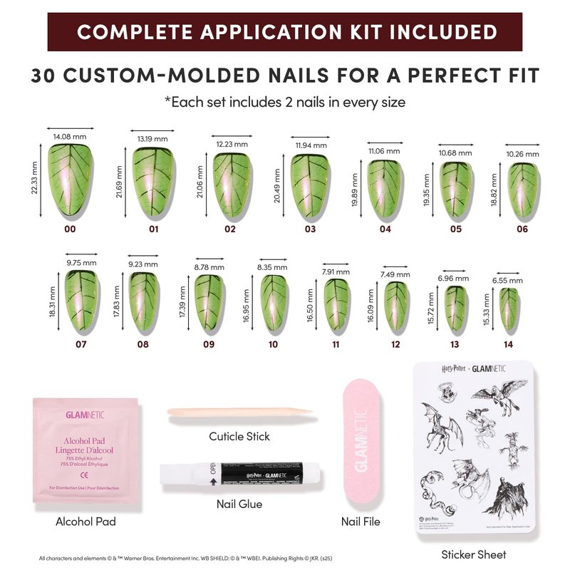 Glamnetic Press On Nails x Harry Potter™ - Mandrake | Short Almond Fake Nails with Iridescent Glazed Green Shimmer, Salon Quality Officially Licensed | 15 Sizes - 30 Nail Kit with Glue
