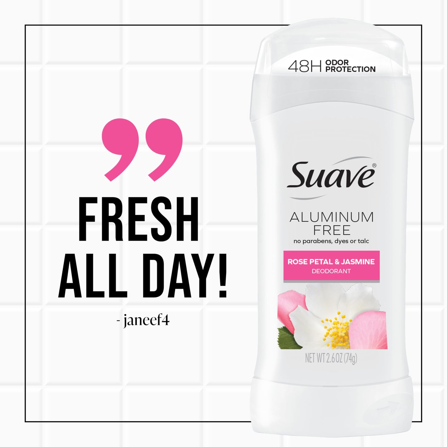 Suave Aluminum Free Deodorant for Women, Rose Petal and Jasmine, 48-Hour Odor Protection, Free of Talc, Parabens & Dyes 2.6 oz (Pack of 12)
