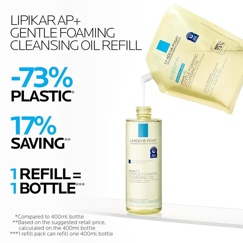 La Roche-Posay Lipikar AP+ Gentle Foaming Cleansing Oil - Hydrating Face & Body Cleanser with Niacinamide, Fragrance-Free