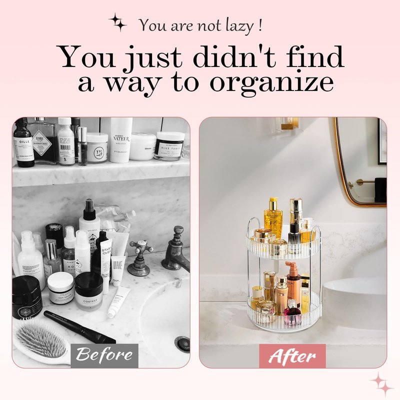 ALUYUYO Rotating Makeup Organizer, 360° Spinning Makeup Storage Holder Rack, Dresser Bathroom Organizer Countertop, Large Capacity Perfume Skincare Lipstick Organizer for Vanity.(2 Tiers, Transparent)