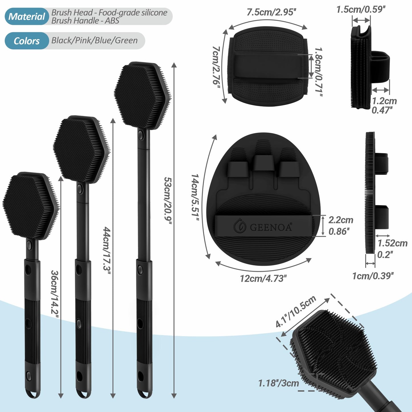 GEENOA Silicone Back/Face Scrubber & Bath Glove Set 3PCS, Extendable Back Scrubber with Dual-Side Large Head, 360° Anti-Slip Bath Glove, Unique Side-bristle Face Scrubber for All-round Cleaning(Black)
