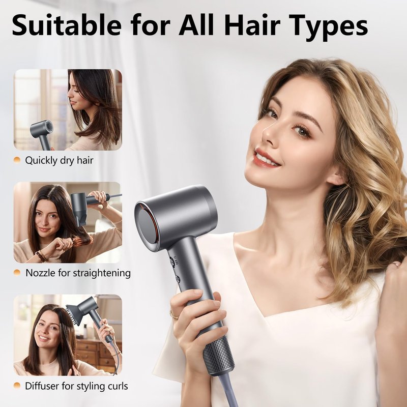 Hair Dryer - 1 Min Fast Drying, High-Speed Blow Dryer with 500 Million Negative Ions, No Heat Damage, Low Noise, Lightweight, Professional Hairdryer with Diffuser & Nozzle for Women, Gunmetal