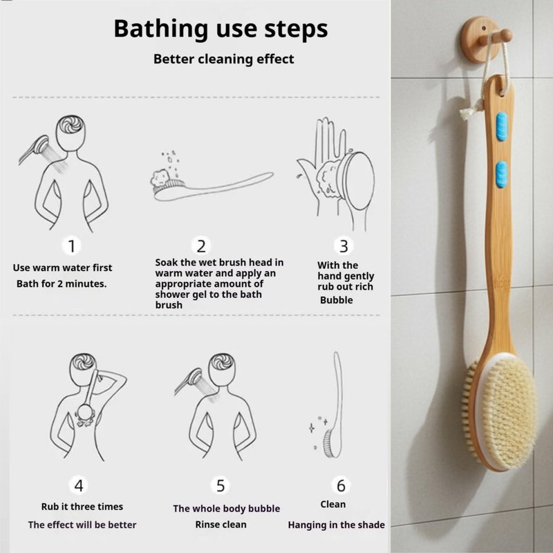 Back Scrubber for Shower, Bath Brush with Long Handle, Double-Sided Bamboo Body Brush for Wet or Dry Brushing, Exfoliating Bath Brush with Firm & Soft Bristles for Men & Women, 17.3 Inch