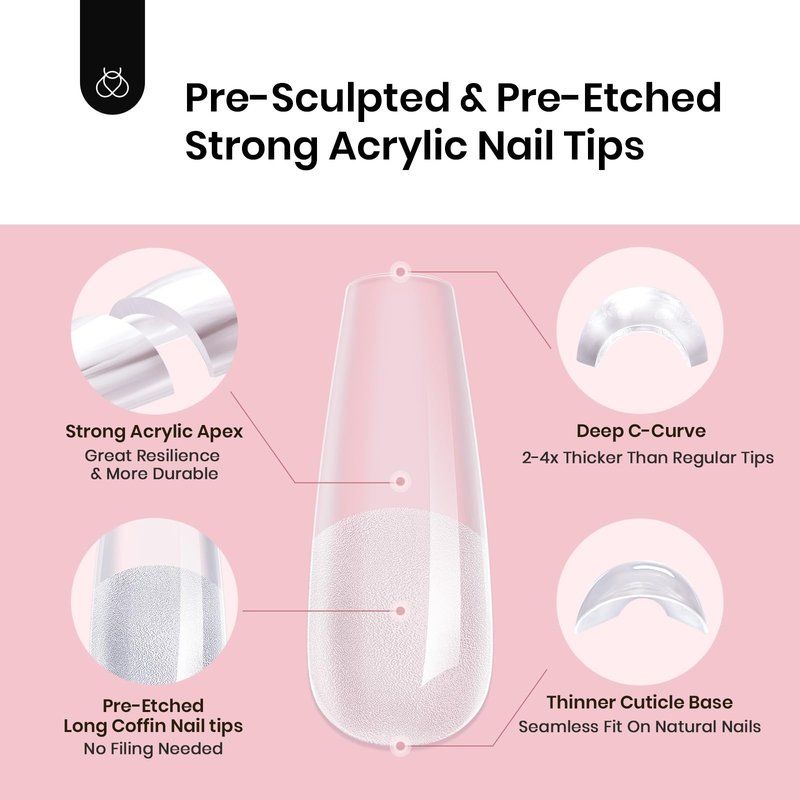 Beetles Tipex Instant Apex Nail Tips, Long Coffin, 16 Sizes |00–14, 192pcs, Built-In Apex, No Builder Gel Required, Thicker Strong Acrylic Tips for DIY Nail Extensions