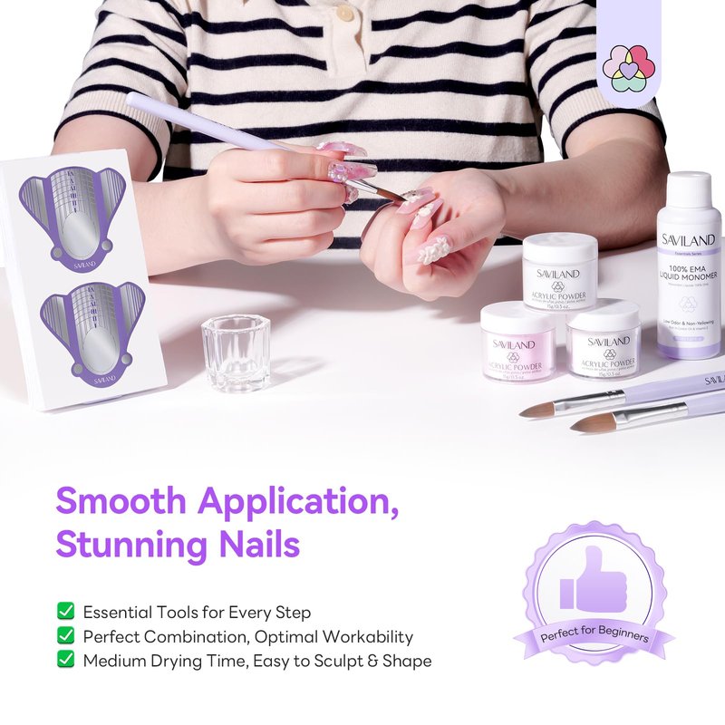 SAVILAND Acrylic Nail Kit for Beginners: 15g Clear White Pink Acrylic Nail Powder and Liquid Set with Size 8,10,14 Brushes, Forms & Tools for Extensions, 3D Sculpting, DIY Salon Manicure Supplies