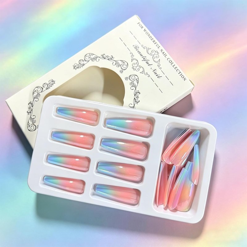 Pink Blue Gradient Press-On Nails - Glossy Long Coffin Acrylic | 24 Pcs Reusable Full Cover for Summer Beach Wear