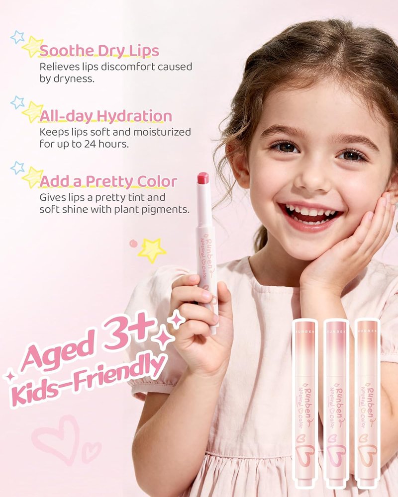 RUNBEN Kids Tinted Lip Balm, Pink Guava Lips Gloss, 24H Moisturizing, Safe & Non-toxic Lipstick for Kids & Teen, Birthday Makeup Gift for Girls