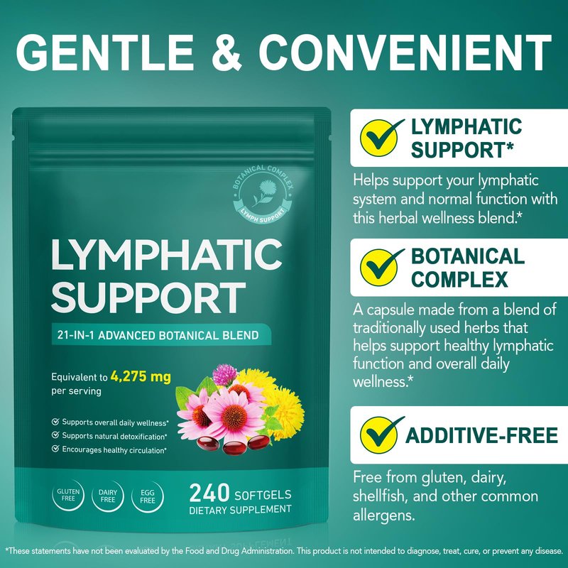 Lymphatic Drainage Supplements-Echinacea, Dandelion, Burdock Root|21-In-1 Botanical Complex for Lymph System, Balance, Cleanse, Overall Vitality, Less Bloating|Safe & Clean Formula|240 Softgels