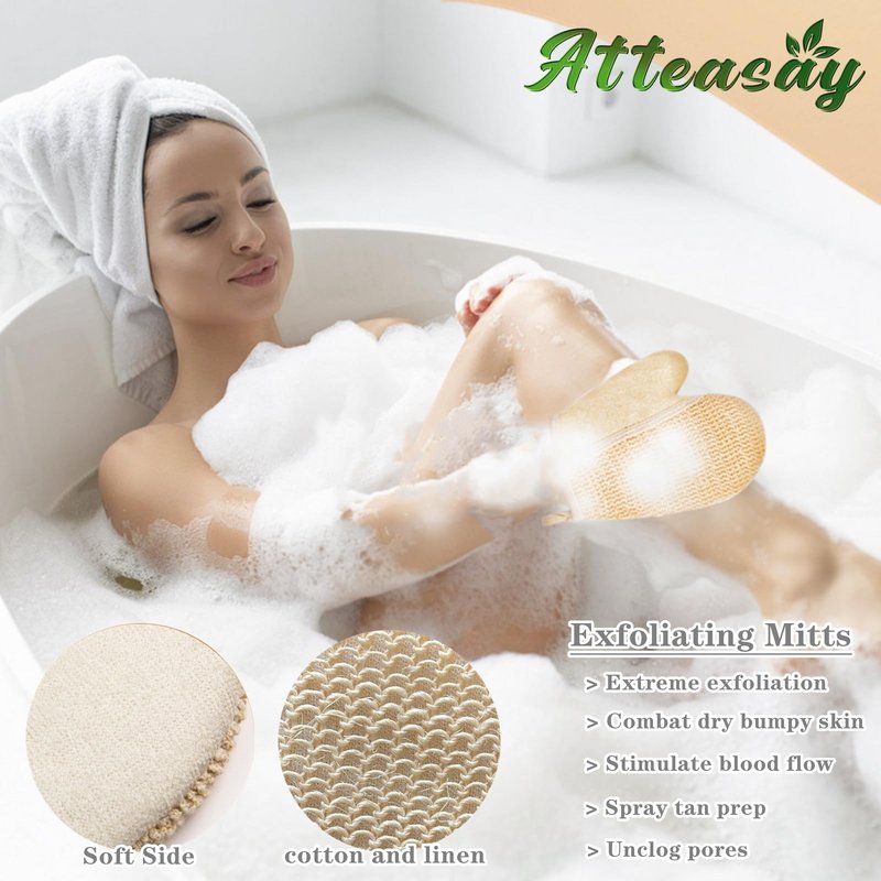 Exfoliating Natural Loofah Sponge Back Scrubber for Shower, 5 Pack Loofah Sponge Pads & Exfoliating Glove, Bath Shower Scrubber for Men and Women