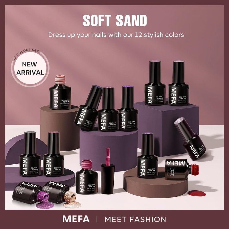 MEFA Gel Nail Polish Set, 12 Colors Fall Burgundy Red Nail Polish Set Champagne Gold Glitter Nail Polish Gel Soak Off Dark Red Purple Shimmer Nude Brown Manicure Gifts for Women Girl DIY Salon Home
