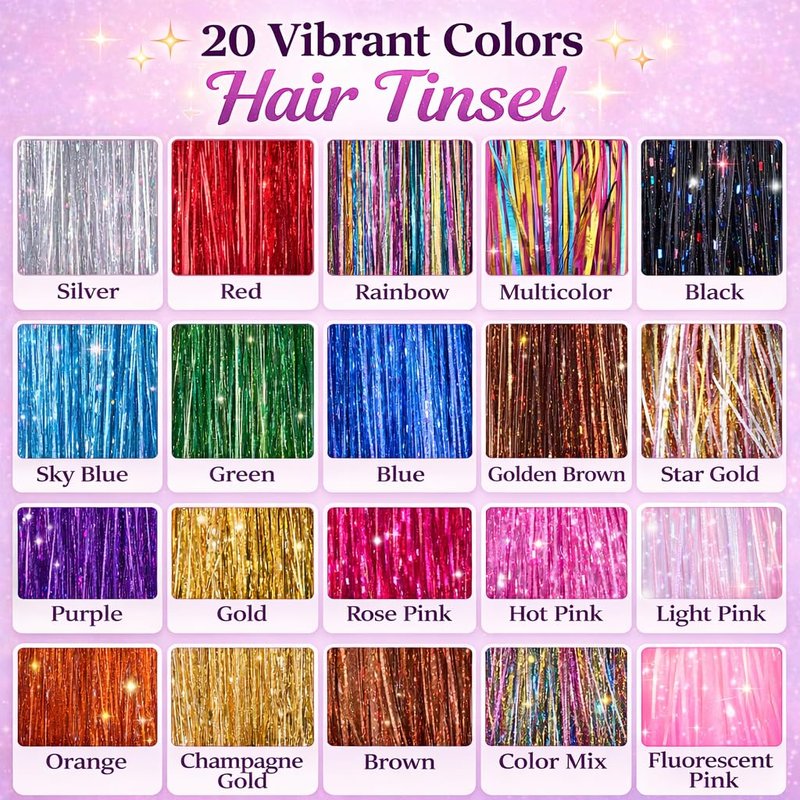 Skiennix Hair Tinsel Kit - 20 Vibrant Colors with Tools | 48-Inch Heat-Resistant Glitter Strands for Parties & Cosplay