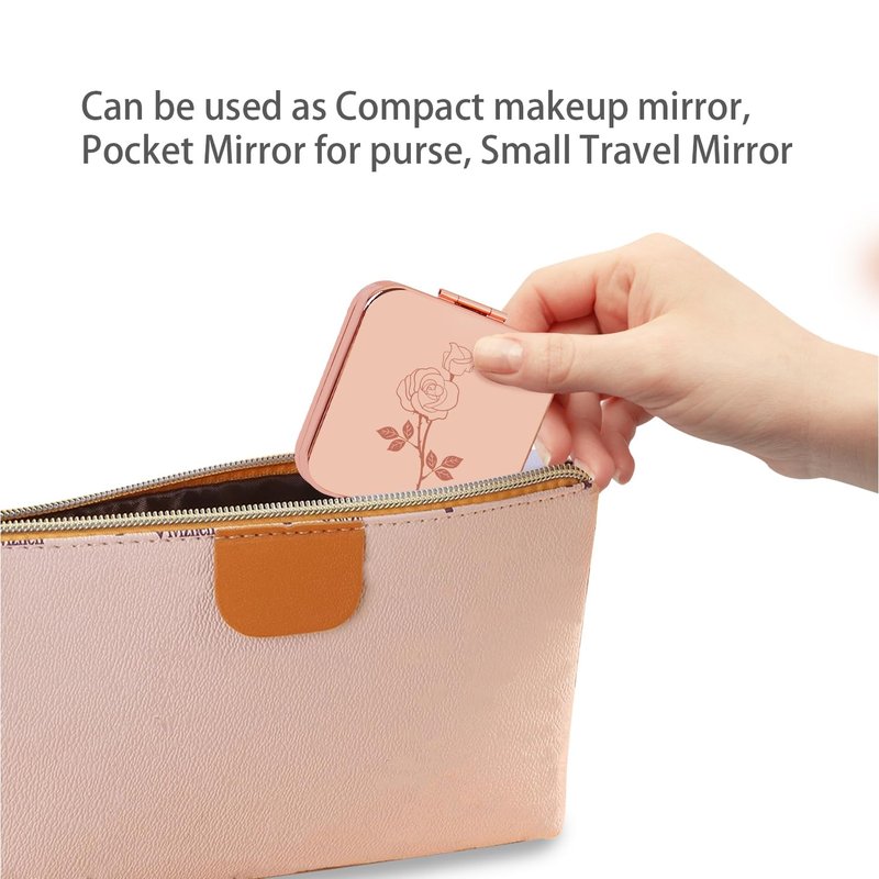 PDOZV Small Compact Mirror, Rosegold Square 2.8”×2.8” Metal Frame Smooth Style Double Sided Mini Magnifying 1X/2X Mirror for Purse Can be Used as Gifts for Woman (RG02)