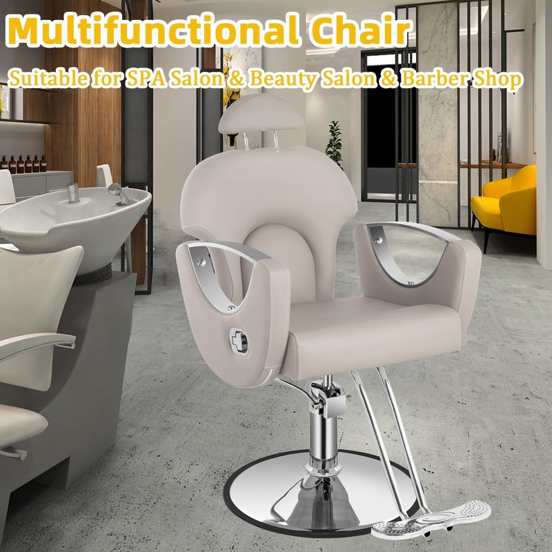 Reclining Salon Barber Chair - Heavy Duty Hydraulic Pump | 360° Swivel Styling Chair in Light Gray Silver
