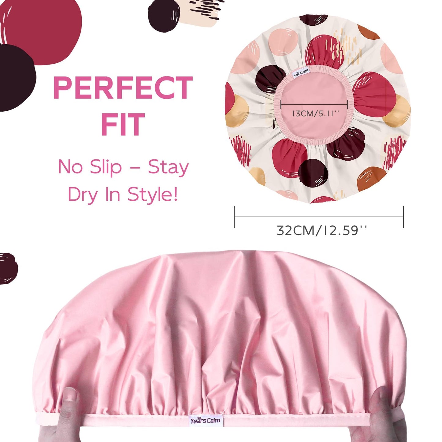 Years calm Waterproof Shower Cap for Women - Double-Layer Reusable Bath Cap with Elastic Band for Long/Short/Curly/Braids Hair, Washable & Travel-Friendly, Fit for Shower, Spa (Beige Shower Cap)