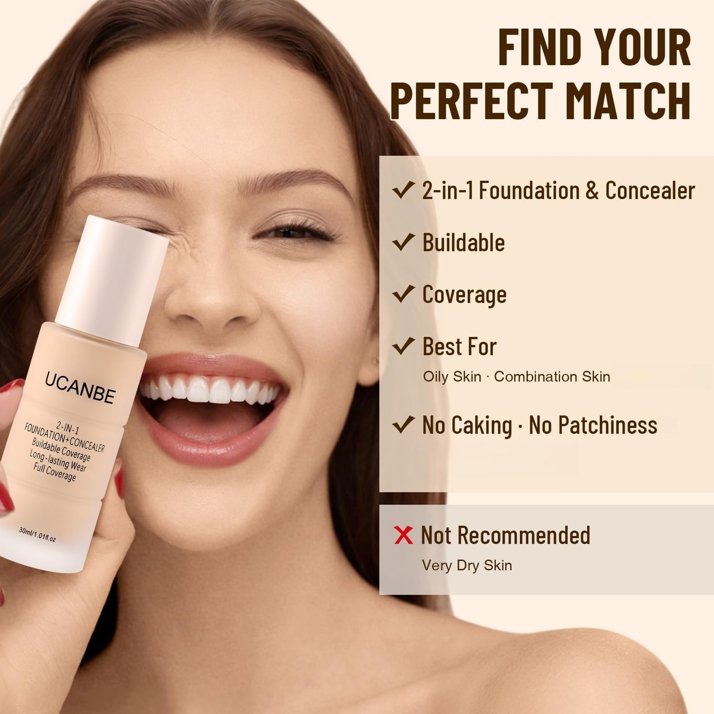 UCANBE 2-in-1 Liquid Foundation & Concealer, Full Coverage Foundation Makeup Set for Combination & Oily Skin, Hydrating Formula with Hyaluronic Acid, Vitamin C (06 Warm Honey)