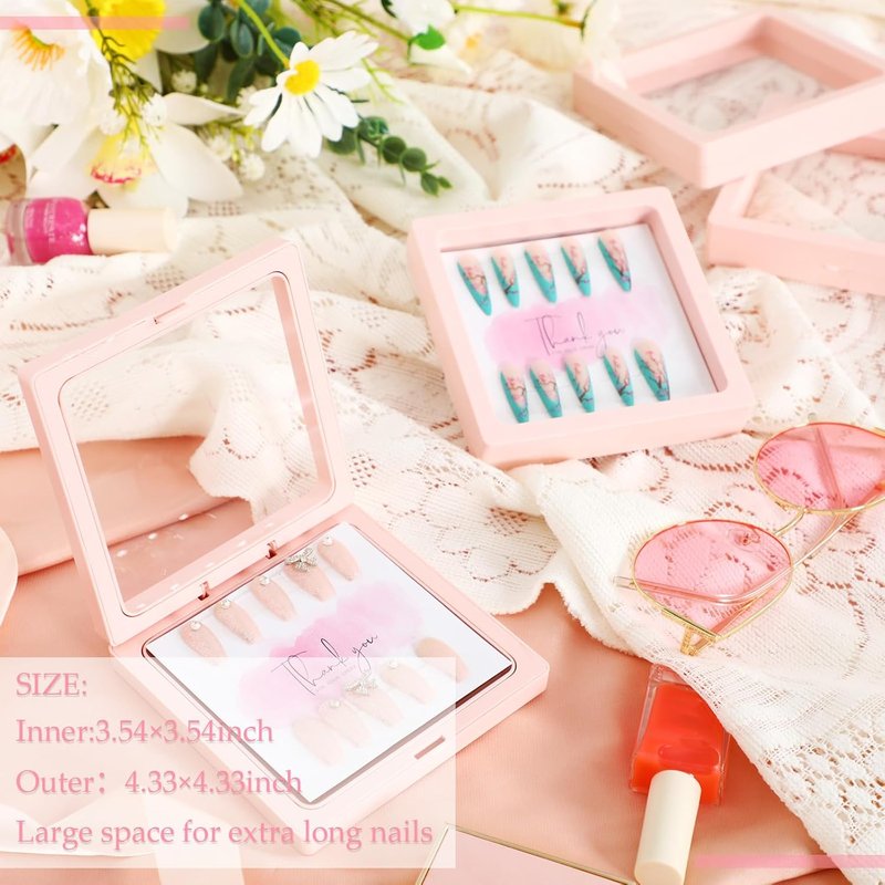 Meekoo Press-On Nail Packaging Box - 30 Pcs with 90 Pcs Double-Sided Tape | Pink Acrylic Storage Case