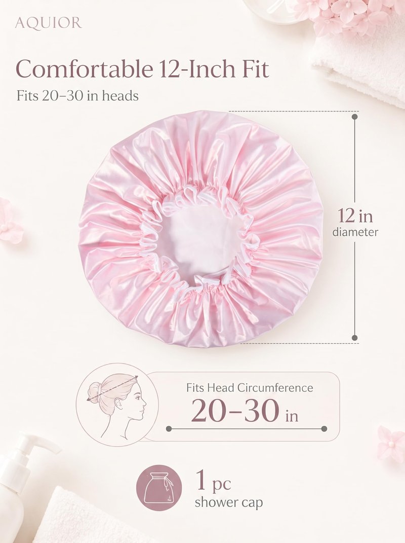 Aquior Shower Cap for Women, Waterproof Reusable Hair Cap with Soft Elastic, Large Size for Long Hair, Cute Pink Bath Cap for Shower, Skincare, Cooking, Spa and Travel Use