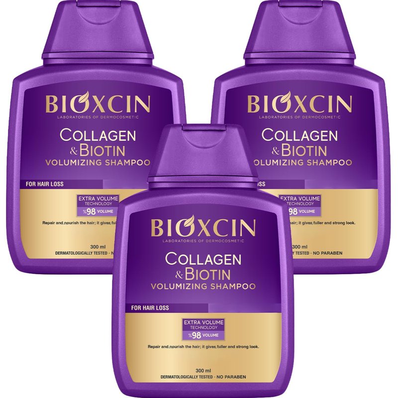 BIOXCIN Collagen Biotin Shampoo Anti-Hair Loss for All Hair Types Volumizing Herbal Formula 3-Pack 300 ML