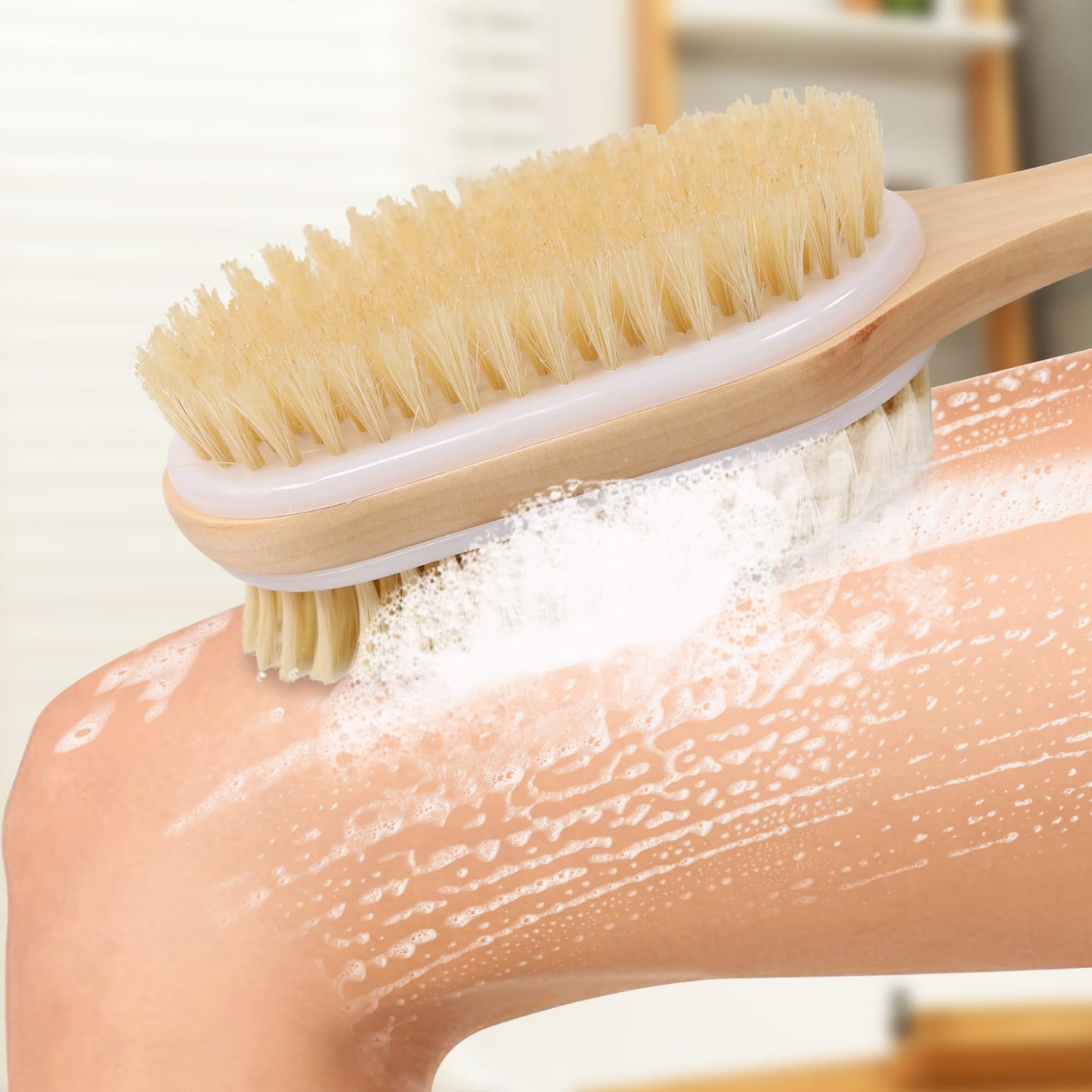 OWIIZI Back Scrubber for Shower with Soft and Stiff Boar Bristles Dual-Sided Wooden Long Handle Antiskid Body Bath Brush for Back Use Wet or Dry,Deep Cleanse Large Surface Back Scrub Brush