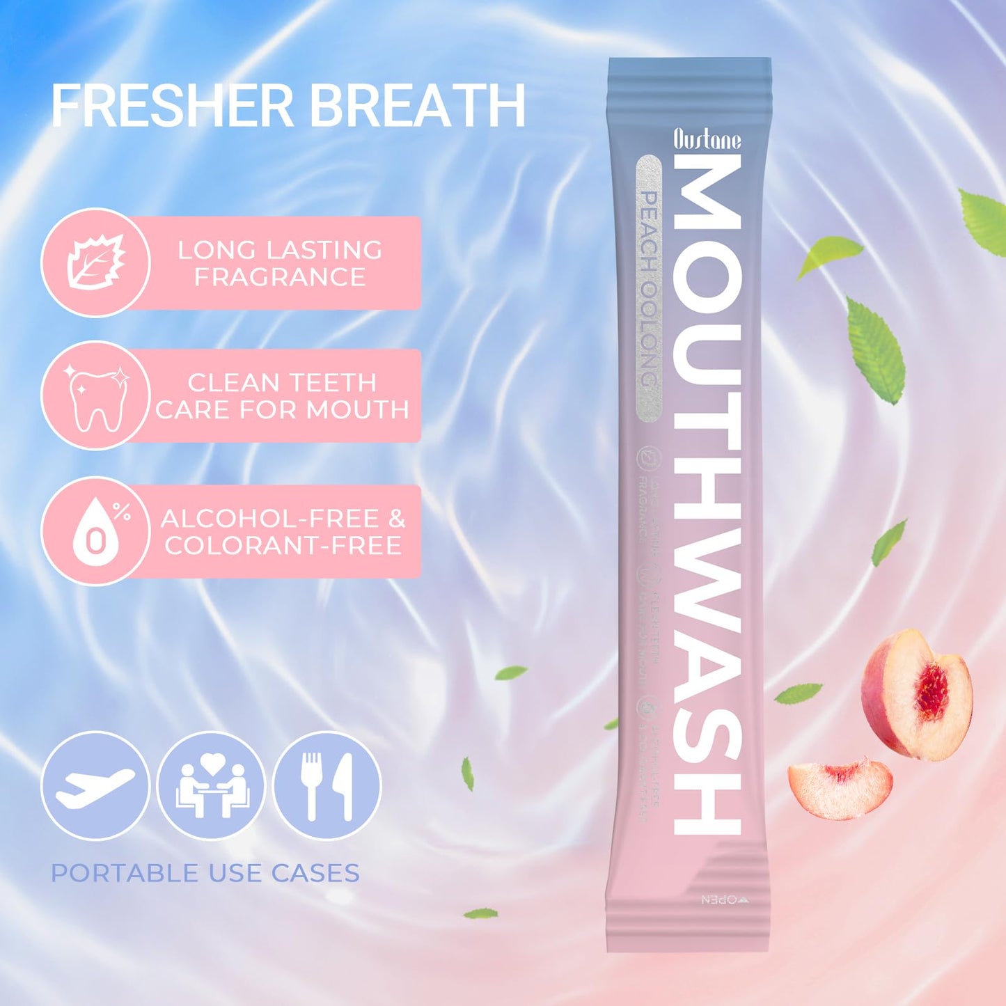 OUSTANE Mouthwash Travel Size, Alcohol-Free Fresh Peach Oolong Mouthwash Strips, Long-Lasting Freshness, Disposable Packs (Pack of 20)