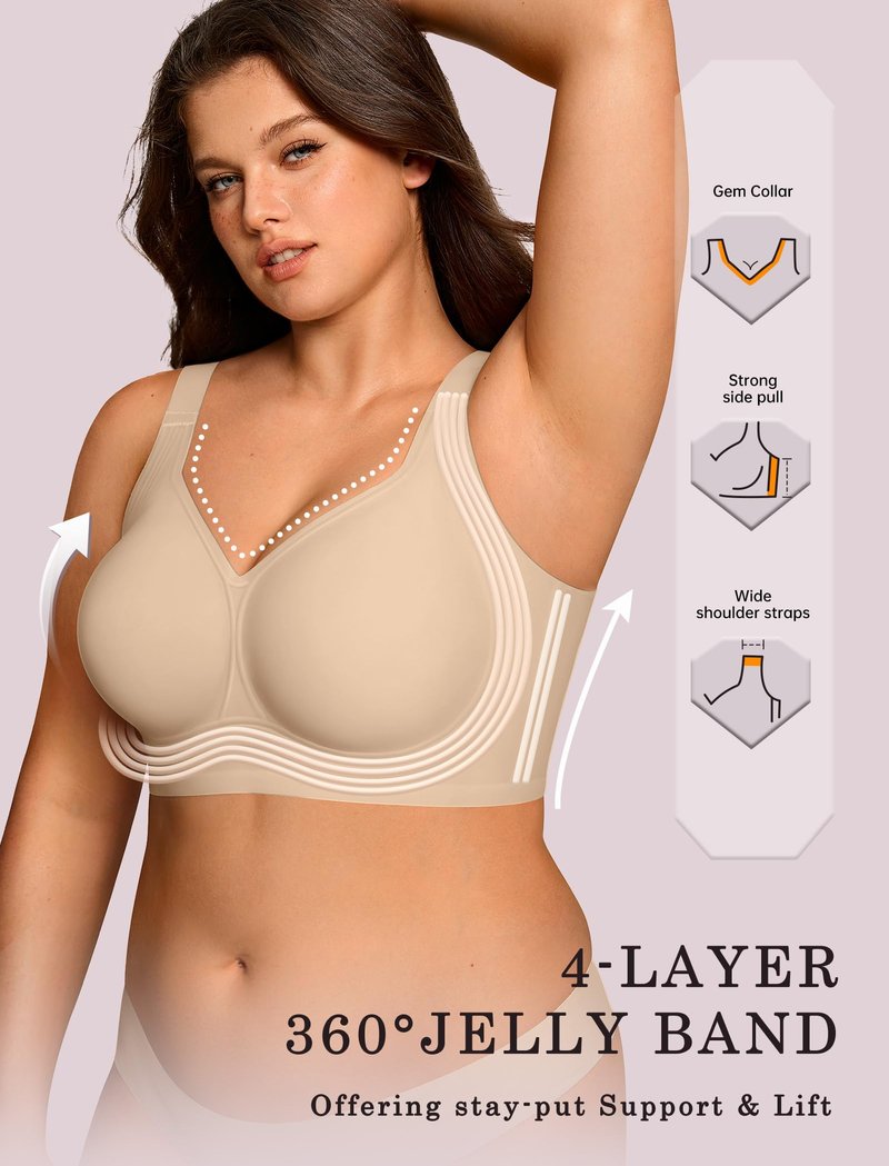 OEAK Womens Wireless Jelly Bra Plus Size Supportive Seamless Bras Full Coverage Push Up Comfortable No Underwire Tshirt Bras Creamy Beige XL