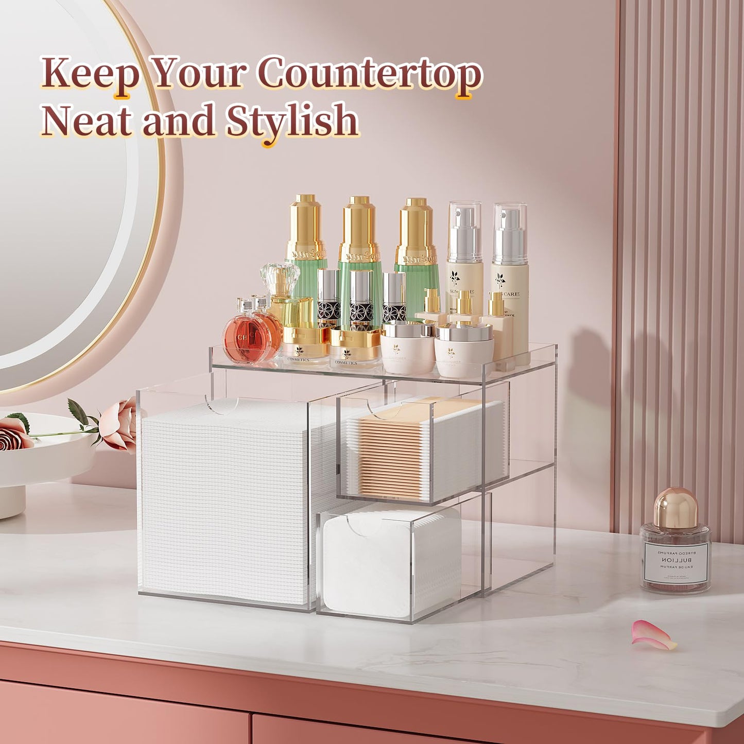 Youdepot Clear Acrylic Face Towel Holder with 3 Drawers, Disposable Face Towel Organizer for XL Facial Towels, Cotton Pads, Swabs, Skincare Tools, Bathroom Vanity Countertop Storage