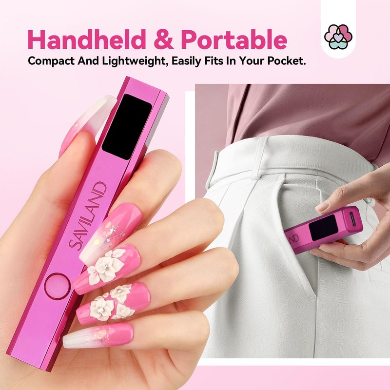 SAVILAND Handheld U V Nail Lamp: Mini Cordless Flash Cure Nail Light for Gel Polish with 2 Timer Settings 20/60s & LCD Display, Rechargeable USB U V Light Flash Cures All Soft Gels for Home Salon Use