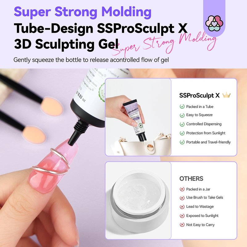 SAVILAND Clear 3D Nail Gel Kit: 15g No Wipe 3D Sculpting Gel with Metallic Gold Silver Chrome Powder for Nail Art Carving, Molding & Painting Home DIY Salon Manicure Supplies