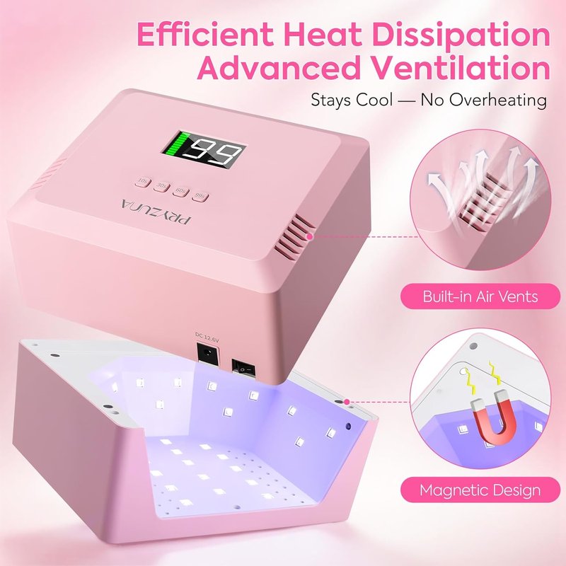 Skiennix Cordless UV LED Nail Lamp - 72W Fast Curing Gel Nail Dryer with Auto Sensor & 4 Timers | Rechargeable Pink Design