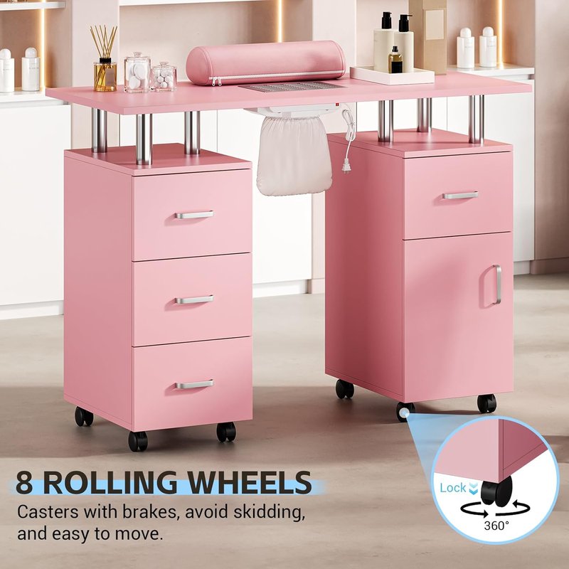 Manicure Table with Storage Cabinets and Drawers, Nail Desk for Nail Tech with Lockable Wheels, Dust Collector Acetone Resistant, Arm Rest for Makeup Spa Beauty Salon Station