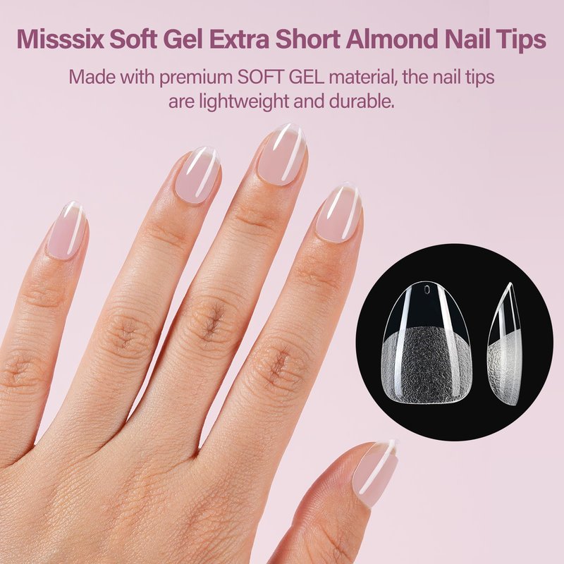 Misssix Extra Short Almond Gel Nail Tips Kit, 216Pcs Pre Etched Clear Fake Nails, Full Cover False Nail 9-in-1 Gel Glue and Portable Mini U V Nail Lamp for Women 12 Sizes
