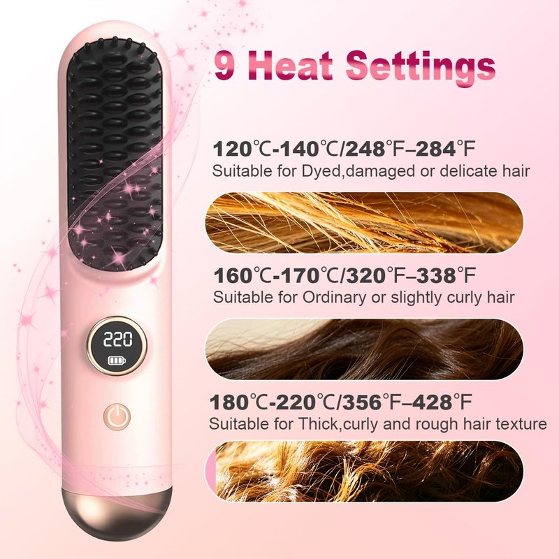 Go Brush Pro 2026 Upgraded Cordless Hair Straightener Brush for Short Hair, LED Display, MCH Heating, 9 Heat Settings 120°C–220°C (248°F–428°F), 200M Negative Ions