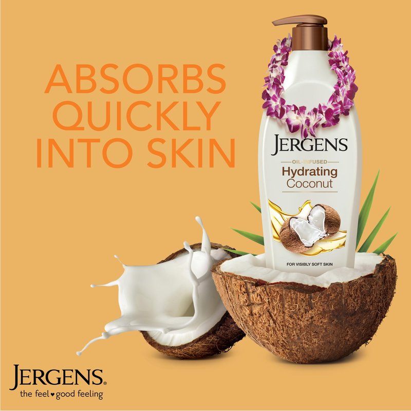 Jergens Hydrating Coconut Body Lotion, Hand and Body Moisturizer, Infused with Coconut Oil, Hydrates Dry Skin Instantly, Dermatologist Tested, 26.5 Oz