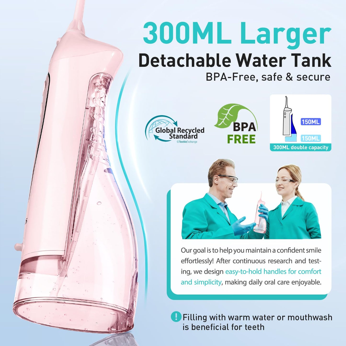 COSLUS ADA Accepted Water Dental Flosser Teeth Pick C20: Portable Cordless Oral Irrigator 300ML Rechargeable Travel Irrigation Cleaner IPX7 Waterproof Electric Flossing Machine, Professional Set Pink