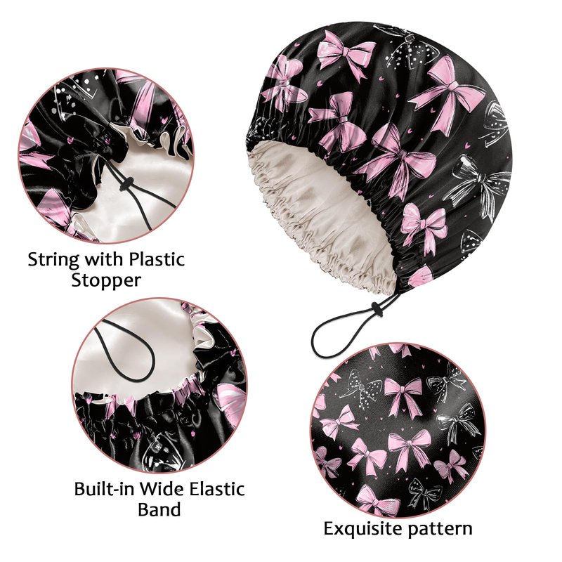 Cabreche Luxury Shower Cap Satin Silk Lined Adjustable Elastic Reusable Waterproof Shower Bath Cap Cute for Women Girls-Black Pink Bowknot