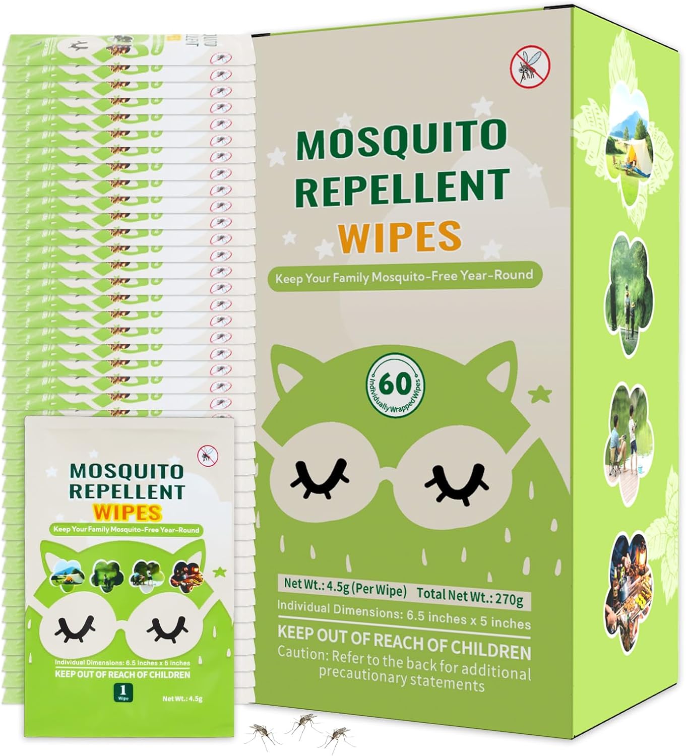 Skiennix Mosquito Repellent Wipes - 60 PCS of Natural Plant-Based Essential Oil Protection | Safe & Effective for Outdoor Use