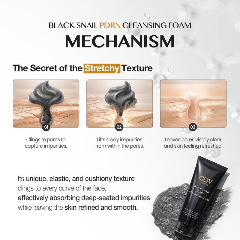 CLIV Black Snail PDRN Cleansing Foam - Hydrating Pore Cleanser with 7,000ppm Charcoal & Glutathione | 4.05 fl oz (120ml)