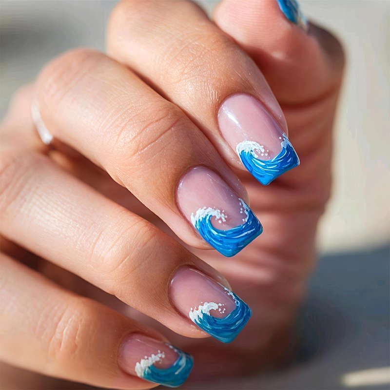 Blue Ocean Press on Nails Medium Square Fake Nails French Tip False Nails with Summer Waves Designs Glossy Full Cover Stick on Nail Reusable Artificial Nails for Women Beach Vacation