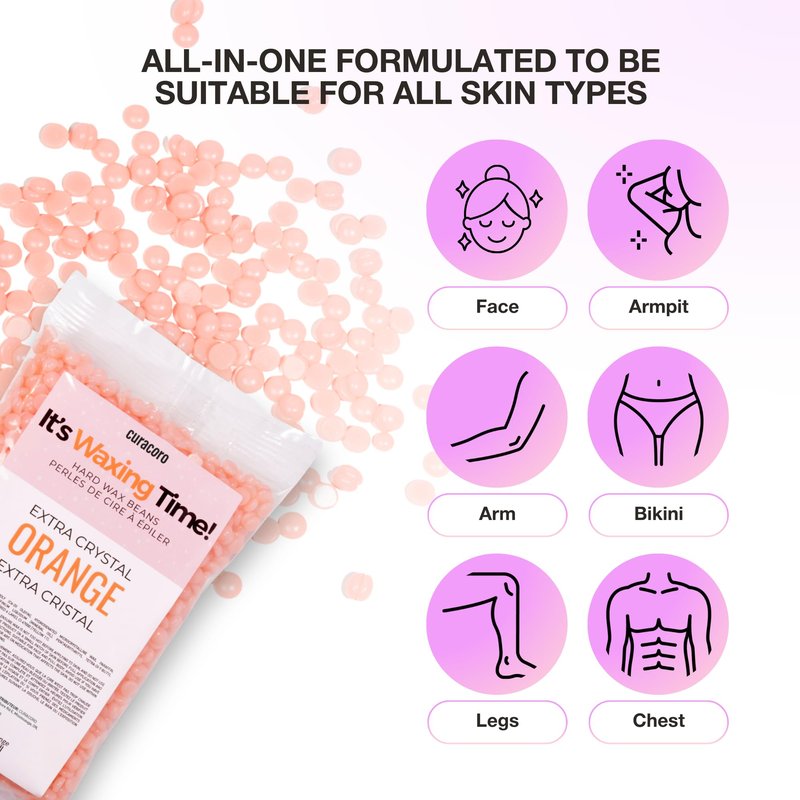Curacoro Italian Wax Beans - 200g Hard Wax Beads for Full Body Hair Removal on Face, Body, Brazilian, Bikini, Legs, Underarms, Skin-Friendly Waxing Beads for Women & Men, Made in Italy (Orange)