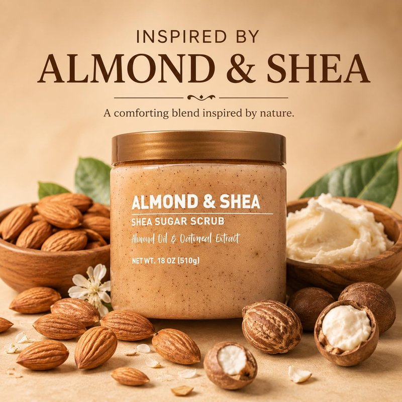 Veloura Shea Sugar Body Scrub with Almond & Shea Butter – Exfoliating Sugar Scrub for Body, Moisturizing Body Exfoliator for Dry & Dull Skin, Smooth Radiant Glow – 18 oz