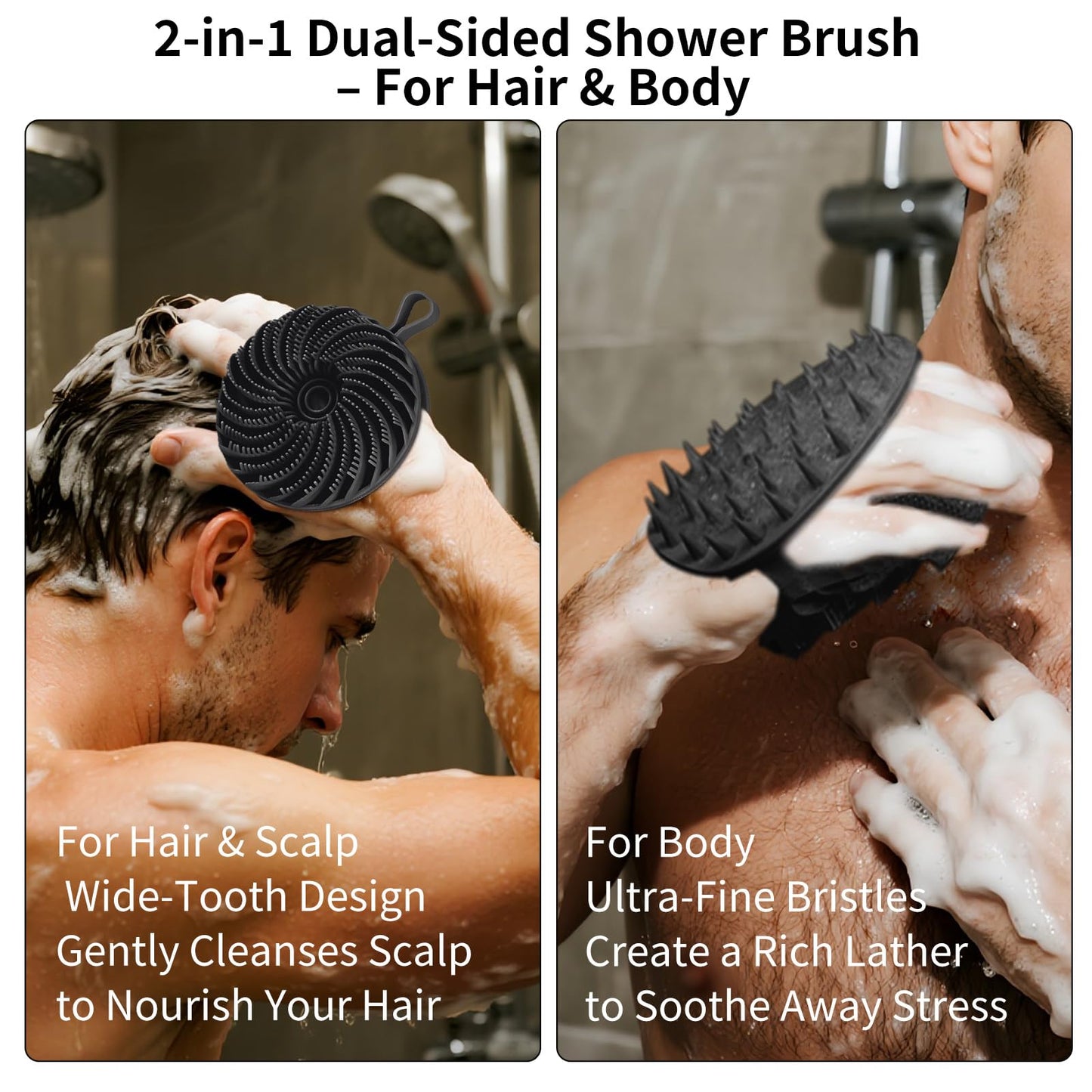 Merleu Silicone Back Scrubber 16.5" & Silicone Body Scrubber(Dual-Side) & Hair Scalp Massager & Face Brush Set (4PCS), Deep Cleaning & Shampoo at Home with 2 Free Hooks (Long Handle Back Brush Set)