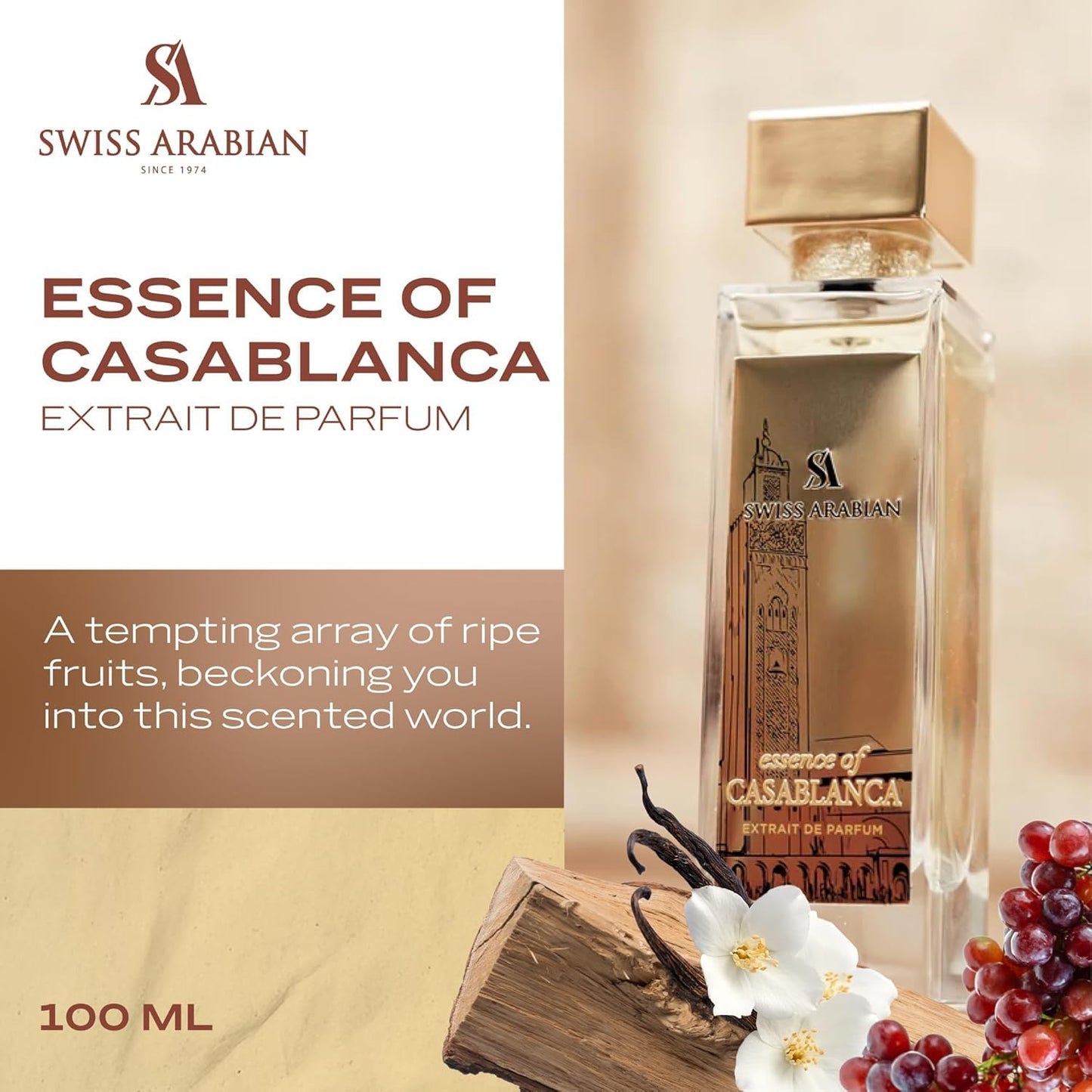 Swiss Arabian Essence of Casablanca - Arabian Perfumes for Women and Men - Long Lasting Extrait de Parfum - Fruity, Amber, Musk Perfume - 3.4 oz