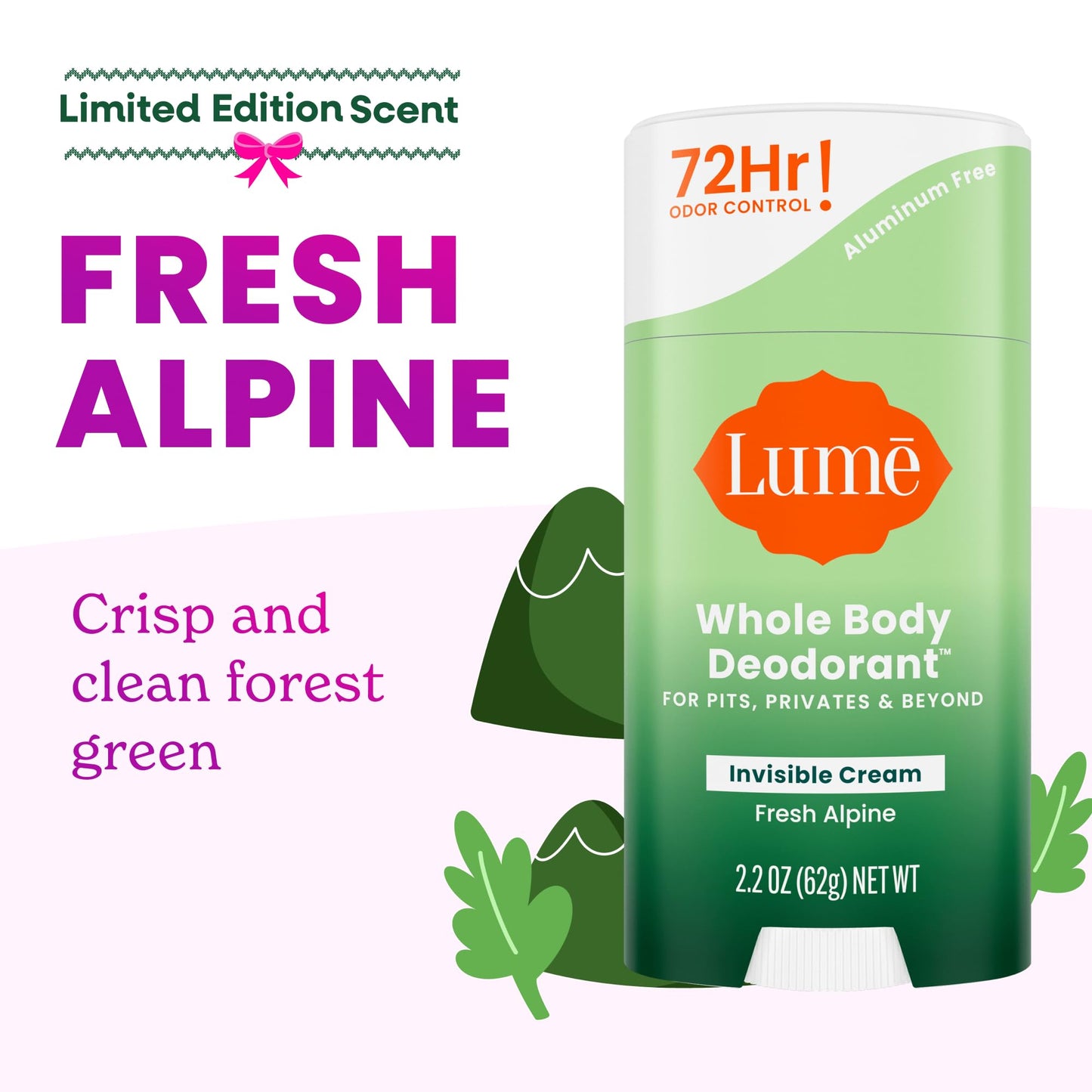 Lume Whole Body Deodorant - Invisible Cream Stick - 72 Hour Odor Control - Aluminum Free, Baking Soda Free, Skin Safe - 2.2 Ounce (Pack of 2) (Fresh Alpine)
