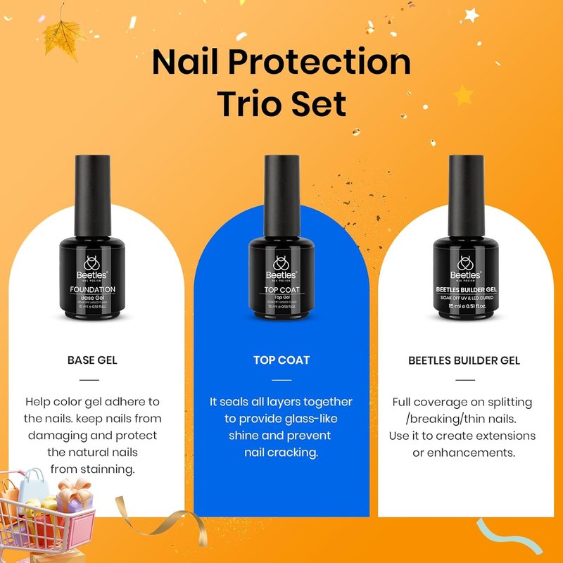 Beetles 3Pcs 15ml Builder Nail Gel with No Wipe Top Base Coat Halloween Set for Nails & 80Pcs Fall Nail Fest Color Enchantment 55 Colors Gel Polish Starter Kit with Base Top Coat