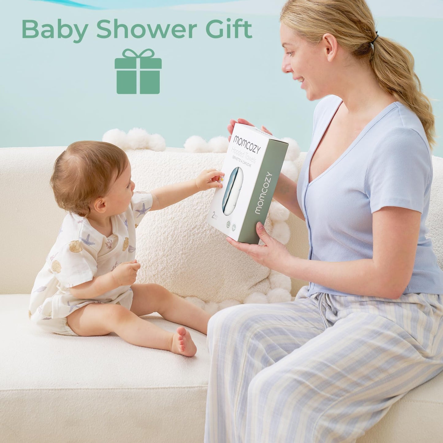 Momcozy Baby Towel with Hooded-Original Design Baby Towel Set -Soft & Absorbent- Shower Gifts or Bath Essential for Infant, Newborn, Toddler, Marine Sea Whale Seal Waves Magic