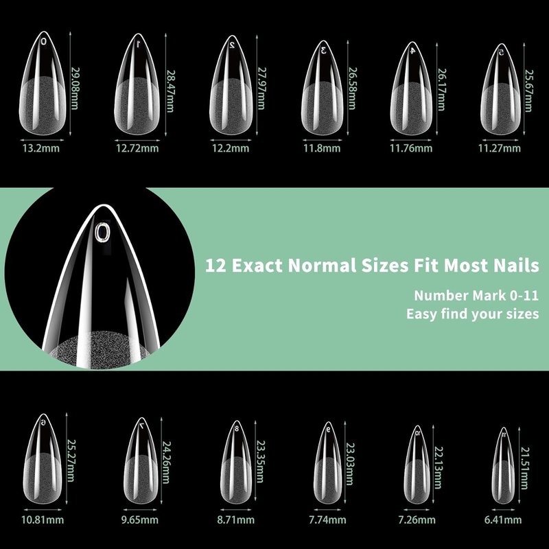 Medium Stiletto Nail Tips - 216pcs Acrylic Soft Fake Nails | Full Cover Matte Clear Press-On for DIY Manicure, 12 Sizes
