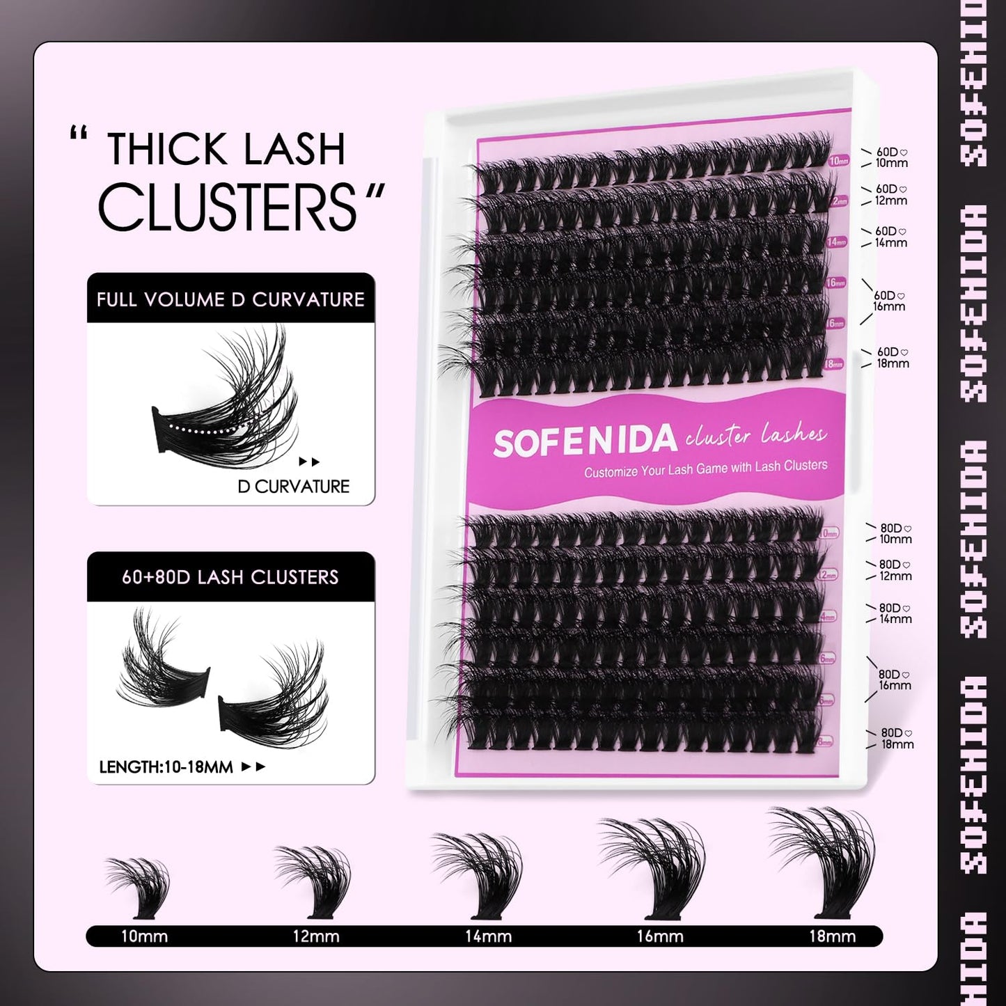 SOFENIDA Lashes Clusters Thick Lash Cluster 10-18mm Volume Eyelash Clusters D Curly Cluster Eyelash Extensions 3D Wispy Lash Clusters DIY Wispy Lash Clusters(60D 80D-10-18MIX Lashes)