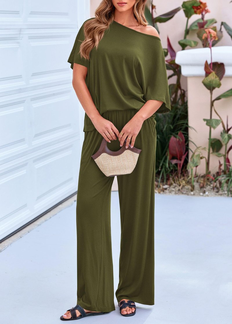 KIRUNDO Lounge Sets for Women Airport Travel Outfit 2026 Summer Off the Shoulder Tops Wide Leg Pants 2 Piece Matching Set