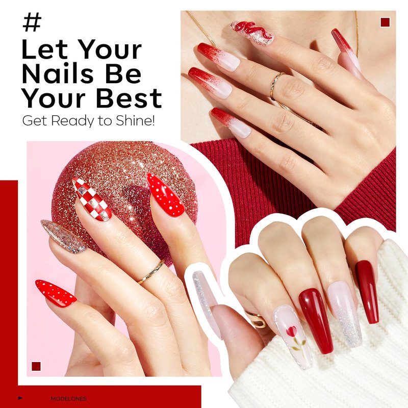 modelones Gel Nail Polish Kit -6 Colors Red Gel Polish Set Burgundy Glitter Sparkle Bloody Soak Off Gel Nail Kit Manicure DIY Nail Art Salon Home Gift