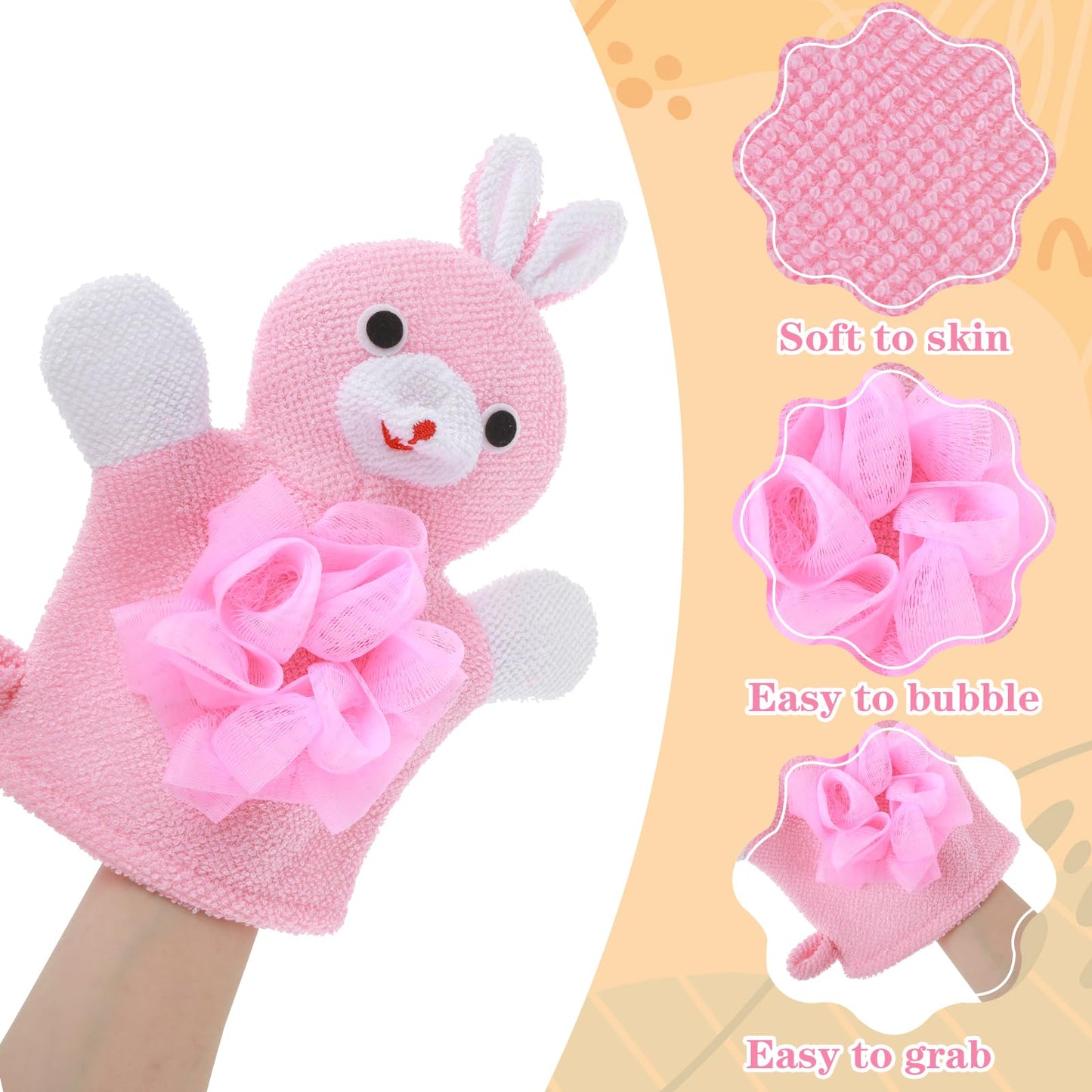 Qianyu 3pcs Bath Mitt Washcloth Glove Exfoliating Glove Body Scrubber Cute Cartoon Design Exfoliating Glove Gentle Soft Scrub Loofah Bath Sponge for Kid Shower Washing Easy Lather (Yellow/Green/Pink)